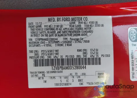 2013 Ford Mustang z USA, uszkodzony, nr VIN 1ZVBP8AM0D5280044